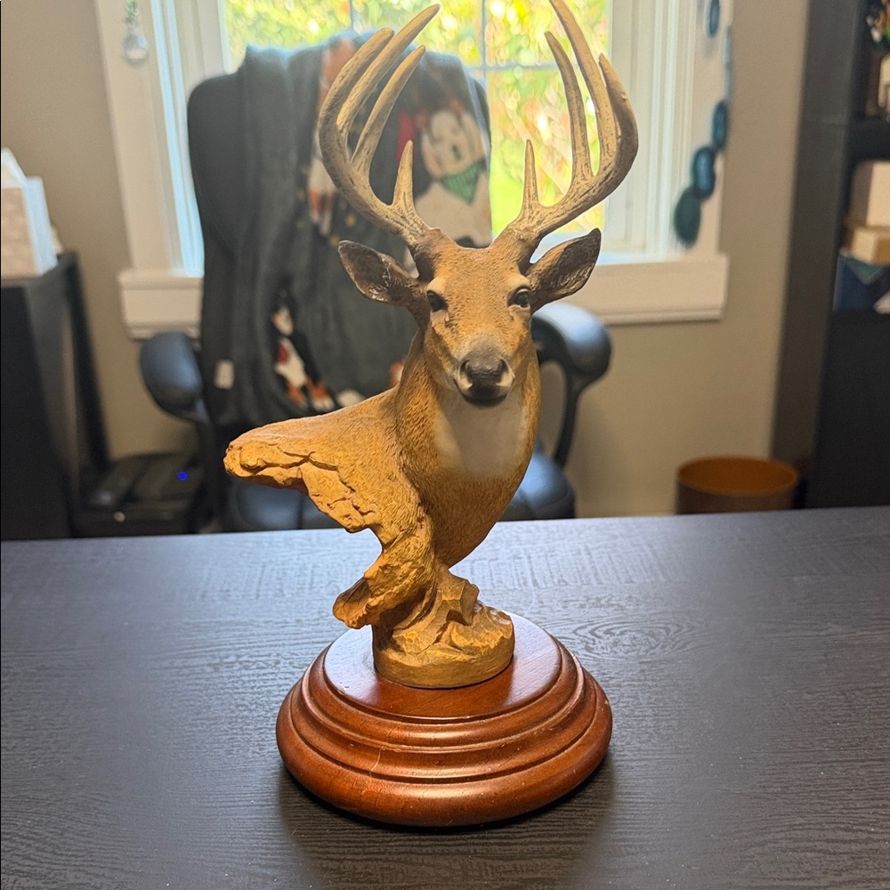 Home interior Deer Head Bust Sculpture on Wooden Base - Rustic Decor